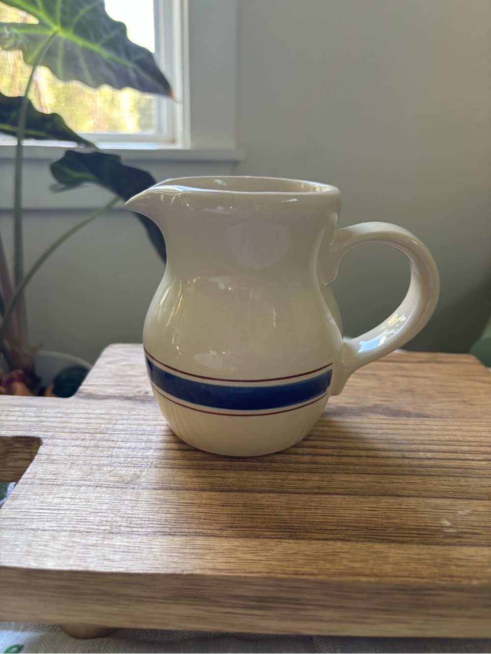 Vintage Lillian Vernon Cream Ceramic Creamer with Blue Stripe - Home Dining